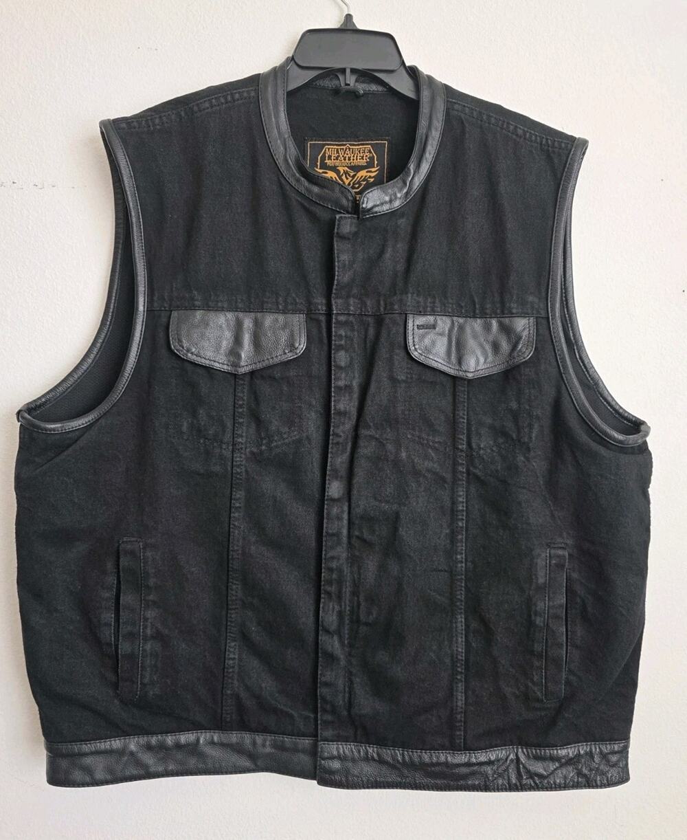 Milwaukee Leather Men's Black Denim Club Style Biker Vest with Leather Trim 3XL